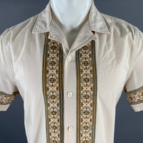 TODD SNYDER Size S Beige Embroidery Cotton Camp Short Sleeve Shirt