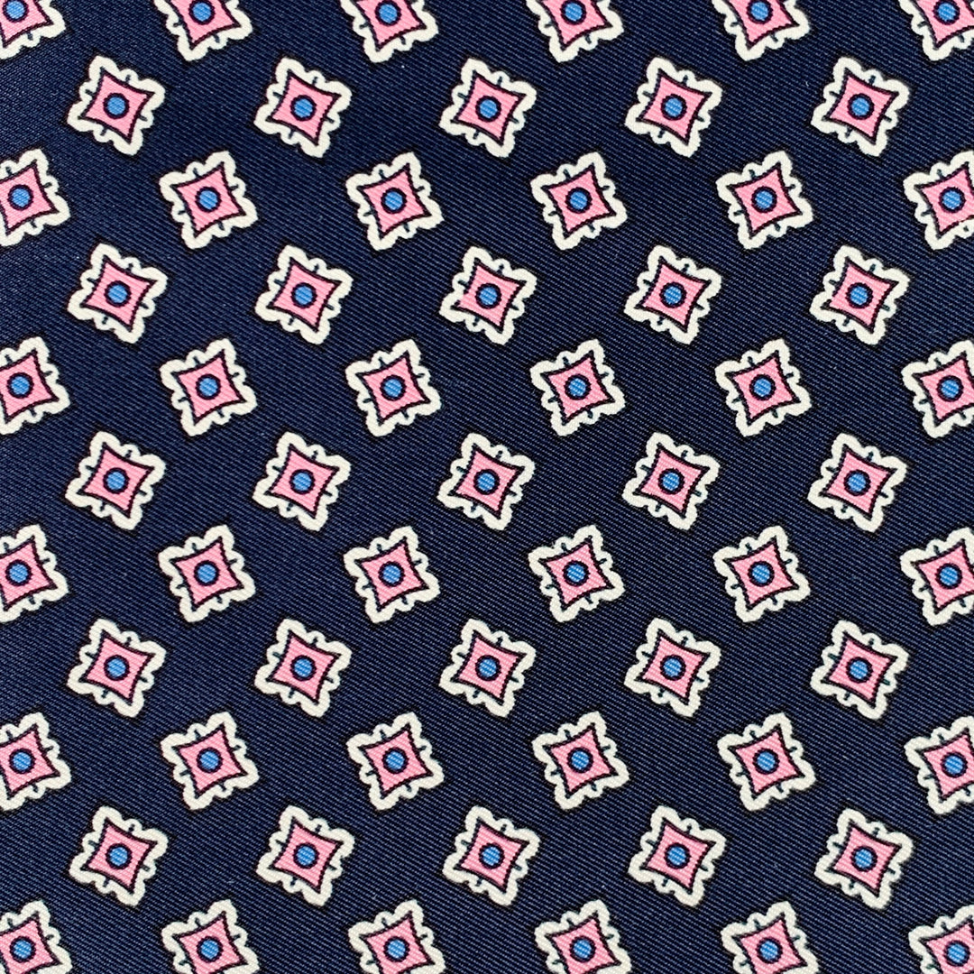 TURNBULL & ASSER Navy White Squares Silk Pocket Square