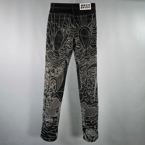 WHO DECIDES WAR Size 26 Duality Indigo White Embroidery Cotton Straight Jeans