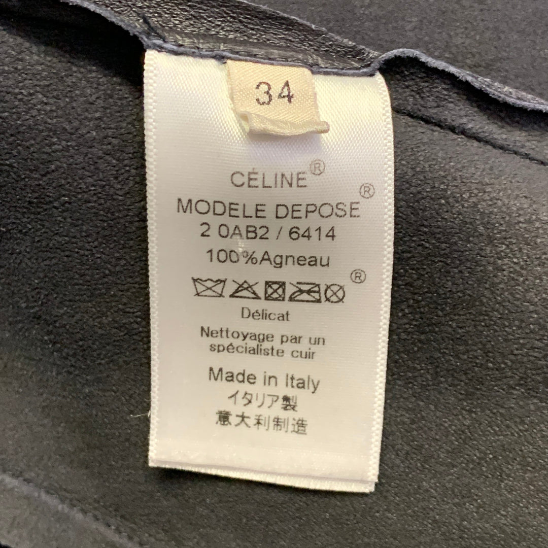 CELINE Size 2 Black Lambskin Leather Long Sleeve Back Zipper Dress Top