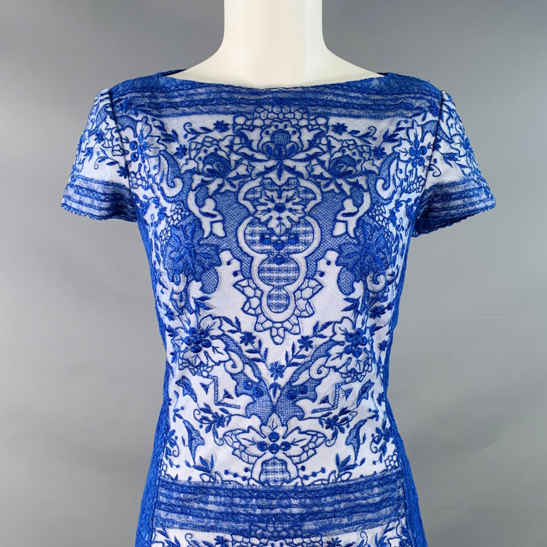 TADASHI SHOJI Size 6 Blue White Rayon Blend Lace Short Sleeve Cocktail Dress