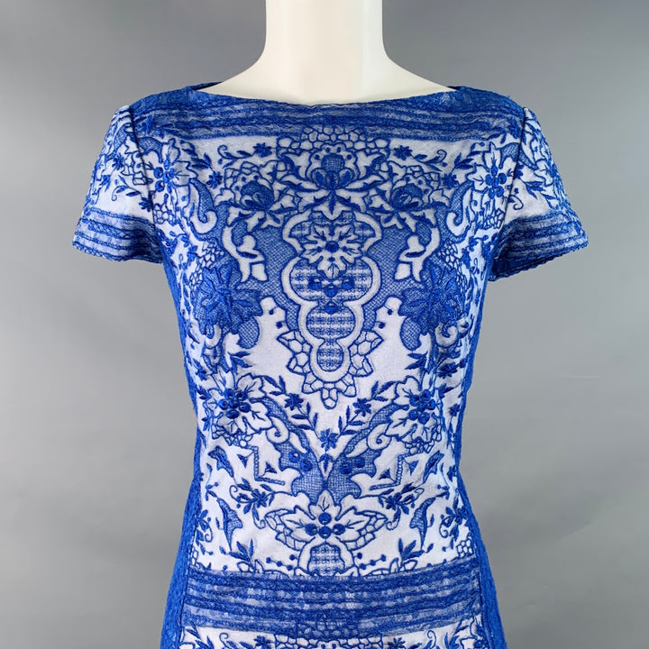 TADASHI SHOJI Size 6 Blue White Rayon Blend Lace Short Sleeve Cocktail Dress