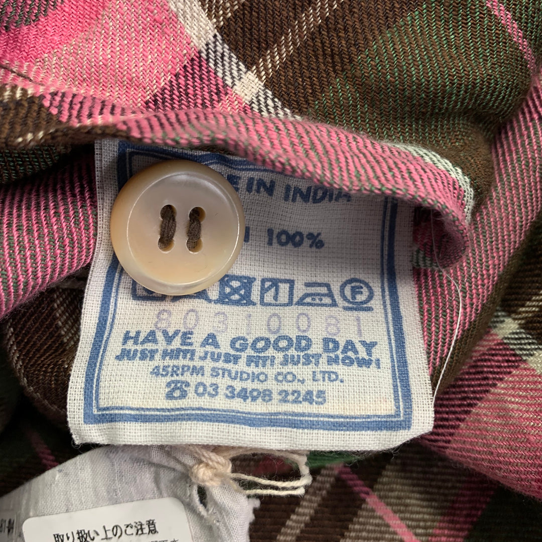 45rpm Size XL Pink Brown Green Plaid Linen Notch Lapel Jacket