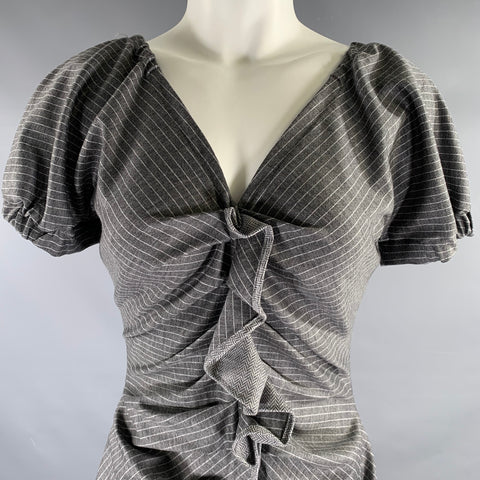 GIORGIO ARMANI Size 6 Grey White Wool Pinstripe Short Sleeve Mid-Calf Dress