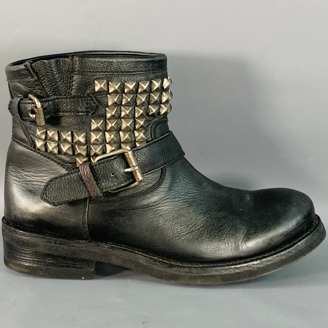 ASH Size 11 Black Leather Studded Pull On Ankle Boots