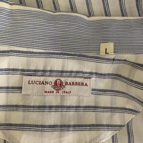 LUCIANO BARBERA Size L White Blue Stripe Linen Blend Camp Long Sleeve Shirt