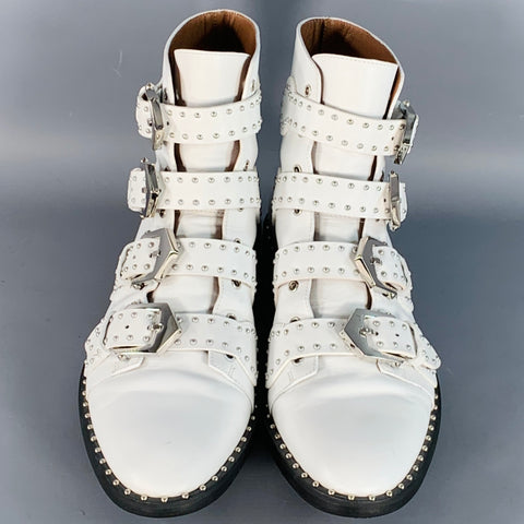 GIVENCHY Size 9 White Studded Belted Ankle Boots