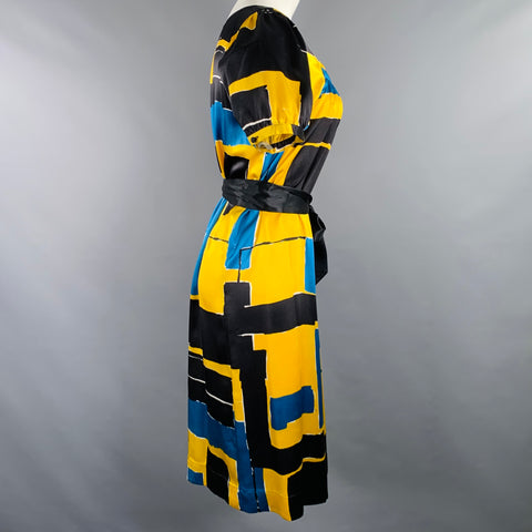 ALFANI Size 8 Yellow Black Silk Abstract Pleated Belted Dress