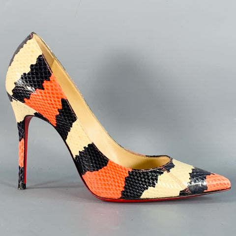CHRISTIAN LOUBOUTIN Size 5 Orange Black Cream Snakeskin Leather Pointed Toe Stiletto Pumps