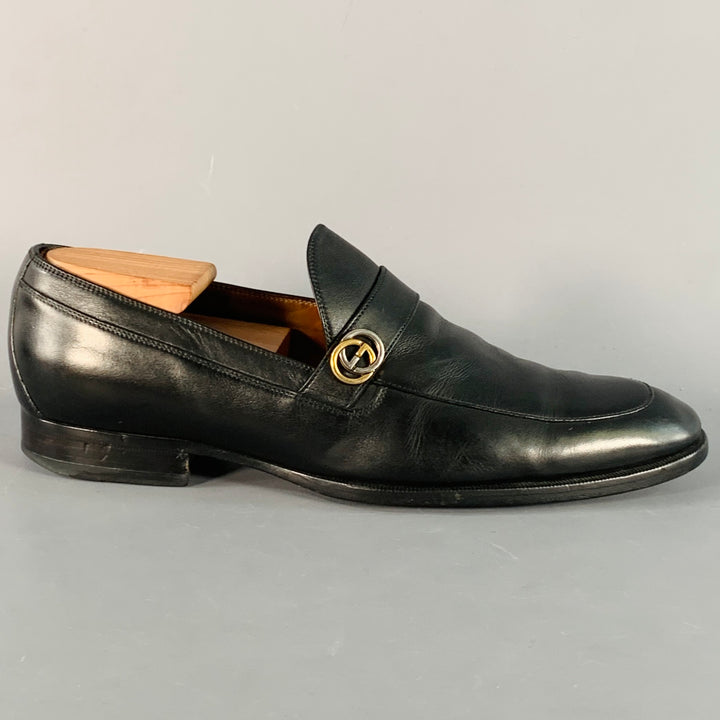 GUCCI Size 8.5 Black GG Monogram Leather Strap Slip On Loafers
