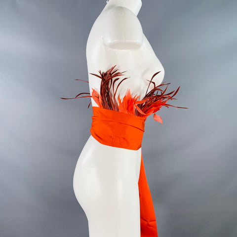 SARA ROKA Size M Red Orange Feather Cotton Blend Grosgrain Sash Belt