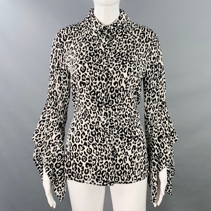 MICHAEL KORS COLLECTION Size 6 Black White Silk Animal Print Butterfly Sleeve Long Sleeve Blouse