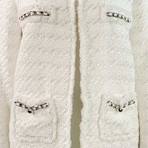 WEILL PARIS Size 12 White Cotton Blend Tweed Collarless Hook Eye Coat