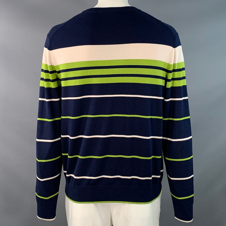 MR TURK Size XL Navy Green White Stripe Cotton Modal Crew Neck Pullover