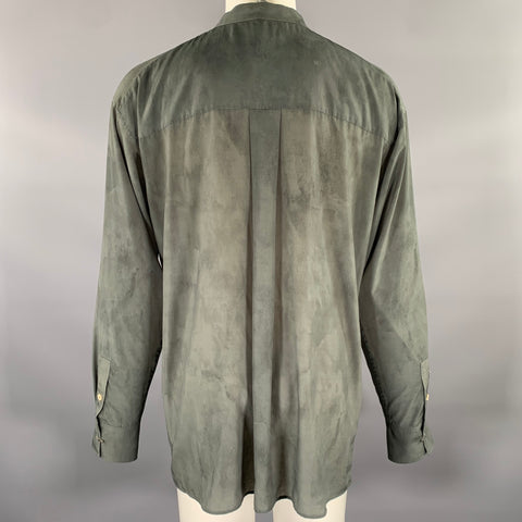 BED J.W. FORD Grey Brown Floral Cotton Blend Band Collar Long Sleeve Shirt