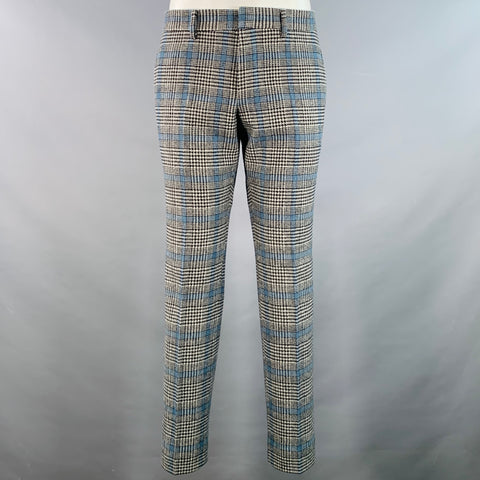 GUCCI Size 38 Black White Blue Glenplaid Wool Notch Lapel Suit