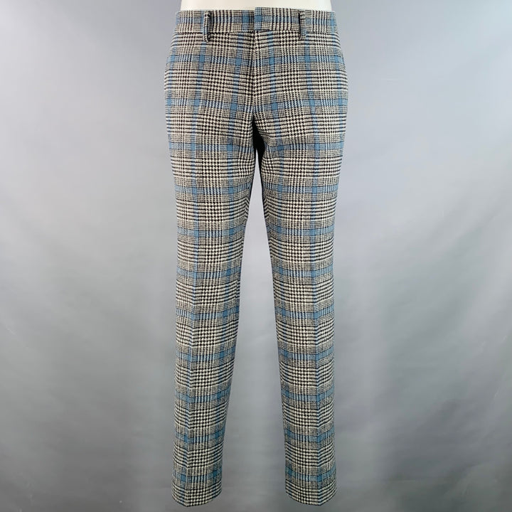 GUCCI Size 38 Black White Blue Glenplaid Wool Notch Lapel Suit