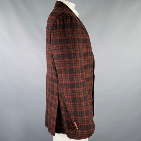 KITON Size 48 Burgundy Black Plaid Cashmere Silk Sport Coat