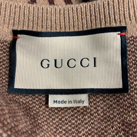 GUCCI Size XL Tan Brown GG Monogram Cashmere Wool V-Neck Sweater