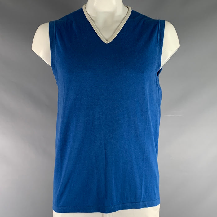 PRADA Size 44 Blue White Knitted Wool V-Neck Vest