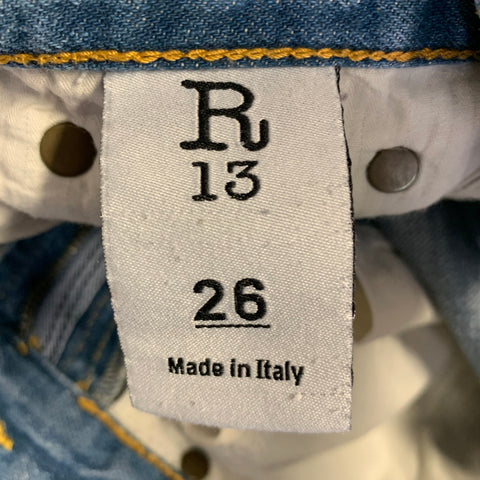 R13 Size 26 Relaxed Skinny Blue Selvedge Denim Twill Distressed Jeans
