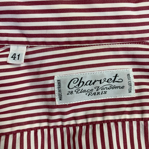 CHARVET Size M Red White Stripe Cotton Spread Collar Long Sleeve Shirt