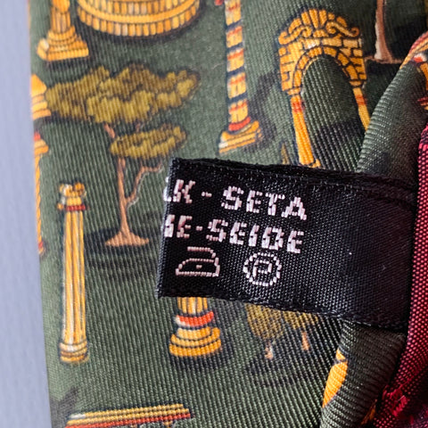 SALVATORE FERRAGAMO Gold Dark Green Greek Architecture Silk Tie