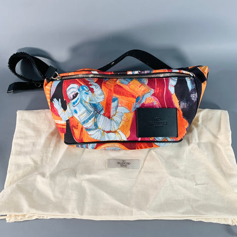 VALENTINO Black Multi Color Astronaut Print Canvas Sling Bag