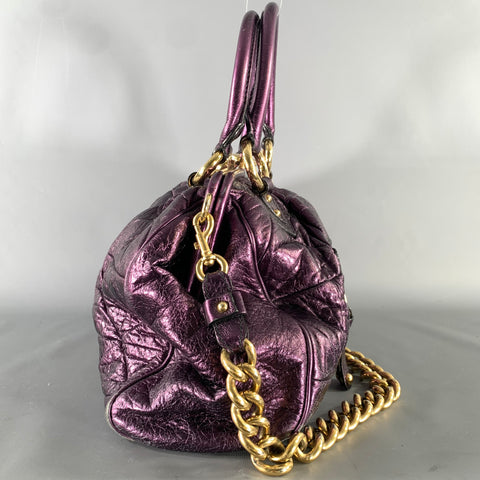 MARC JACOBS Purple Metallic Quilted Leather Satchel- Top Handles  Handbag