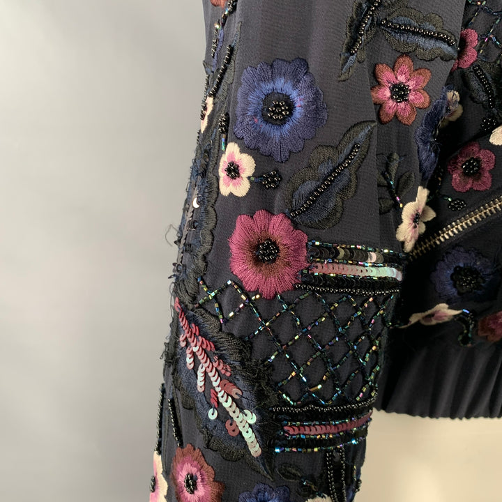 NEEDLE AND THREAD Size 4 Navy Burgundy White Embroidered Floral Bomber Jacket
