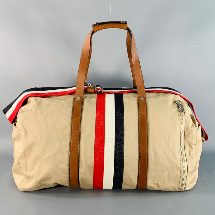 BLACK FLEECE Beige Multi Color Stripe Canvas Leather Duffle Bag