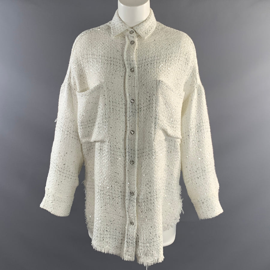 IRO Size S White Silver Polyester Blend Tweed Snaps Shirt