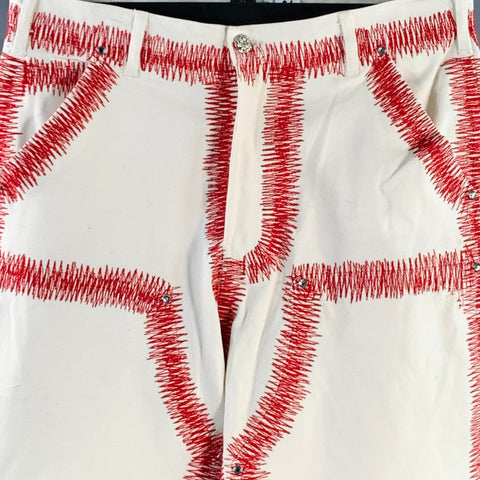 EARTHLING VIP Size 34 Cream Red Embroidery Cotton Rhinestones Casual Pants