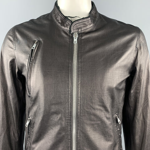 HAUTE Taille 42 Cuir Noir Full Zip Col Haut Poches Zippées Veste Ourlet Brut