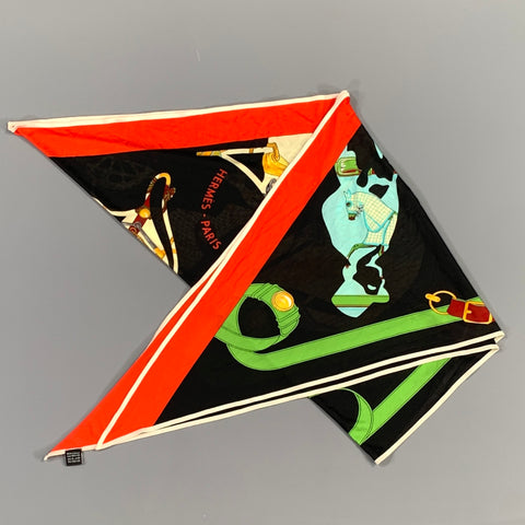 HERMES Black Color Block Equestrian Silk Scarves & Shawls