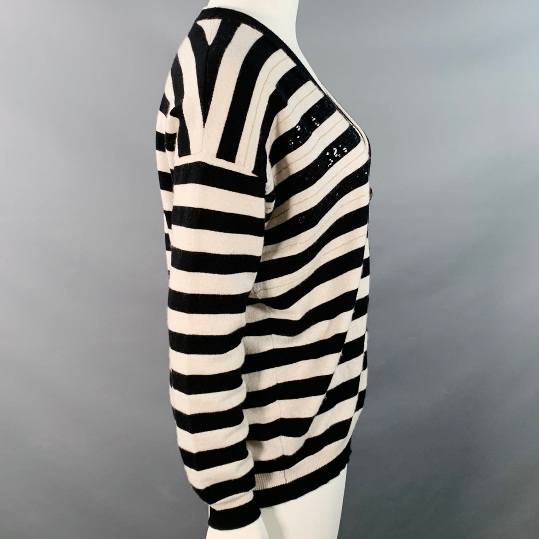BRUNELLO CUCINELLI Size L Black White Cashmere Stripe Monili Beaded Sequined Cardigan