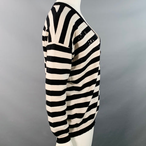 BRUNELLO CUCINELLI Size L Black White Cashmere Stripe Monili Beaded Sequined Cardigan
