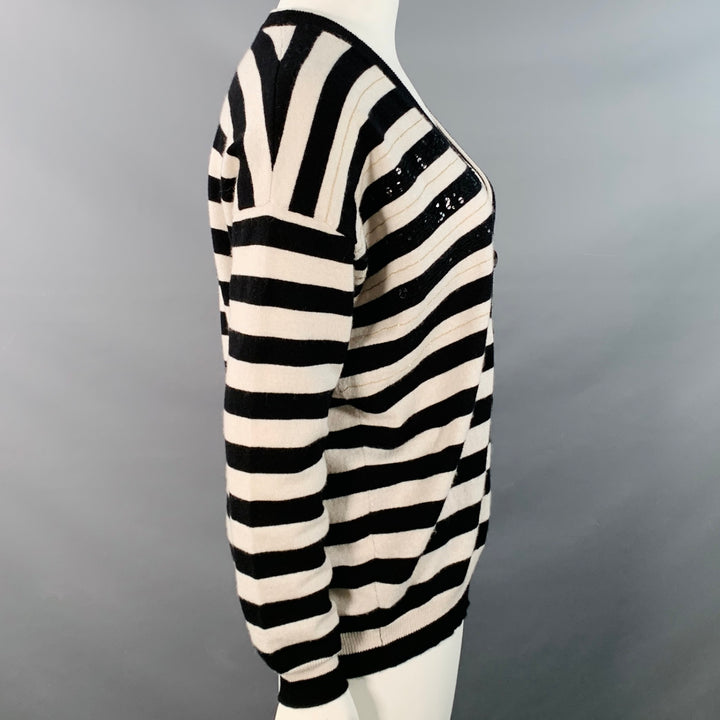 BRUNELLO CUCINELLI Size L Black White Cashmere Stripe Monili Beaded Sequined Cardigan