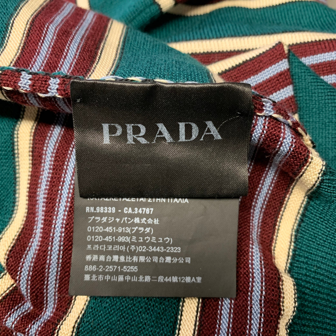 PRADA Size L Green Burgundy & White Stripe Virgin Wool / Silk Half Placket Polo