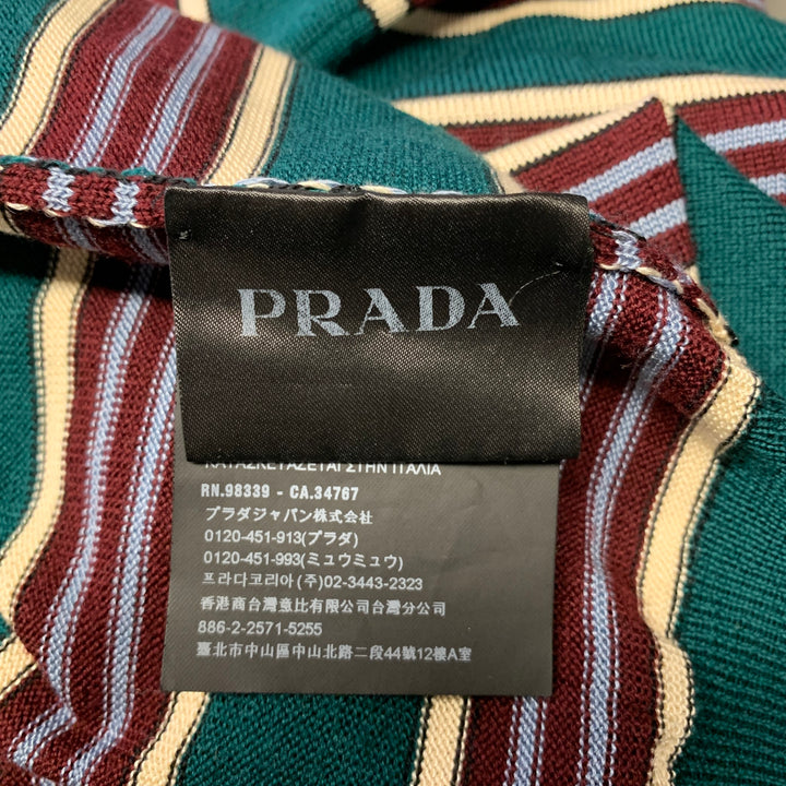 PRADA Size L Green Burgundy & White Stripe Virgin Wool / Silk Half Placket Polo