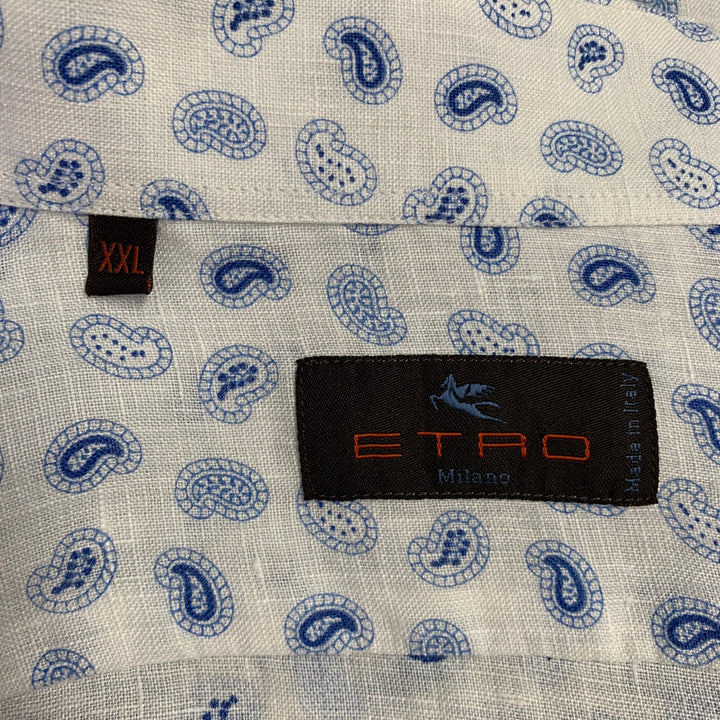 ETRO Size XXL White Blue Paisley Linen Curved Cutaway Long Sleeve Shirt