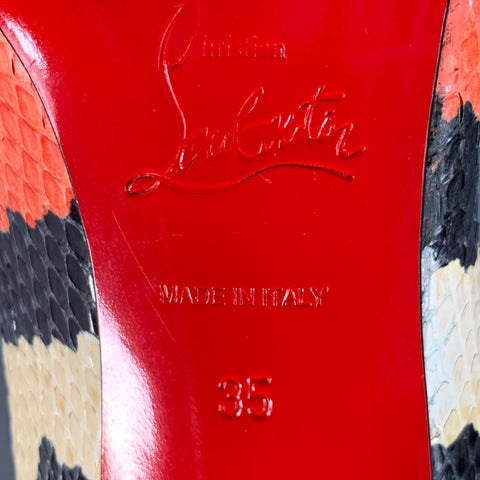 CHRISTIAN LOUBOUTIN Size 5 Orange Black Cream Snakeskin Leather Pointed Toe Stiletto Pumps