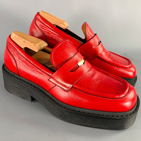 MARNI Size 7 Red Black Leather Platform Penny Loafers
