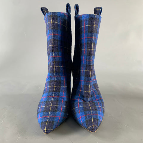 PARIS TEXAS Size 7 Blue Black & Red Wool Plaid Leather Trim Pull On Boots