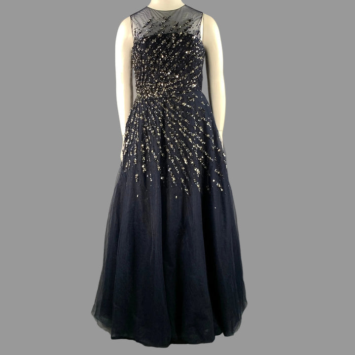 CAROLINA HERRERA Size 14 Navy Silver Nylon A-Line Long Gown