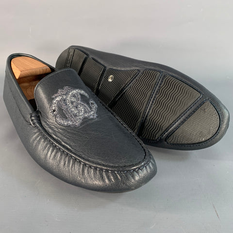 ROBERTO CAVALLI Size 11.5 Navy Silver Logo Embroidery Leather Drivers Loafers