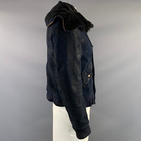 BALMAIN Size 40 Navy Distressed Cotton Bomber Jacket