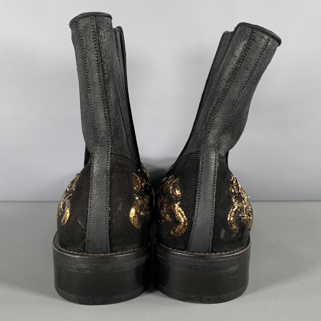 DOLCE & GABBANA Size 8.5 Black Gold Embroidery Leather Side Buttons Boots