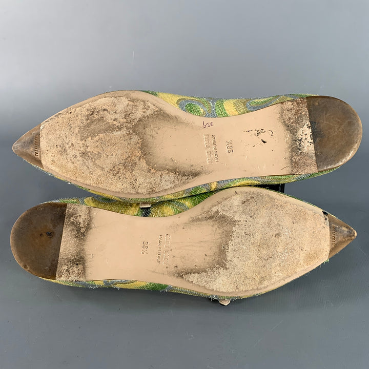 MIU MIU Size 8.5 Green Silver Paisley Textured Pointed Toe Bow Flats