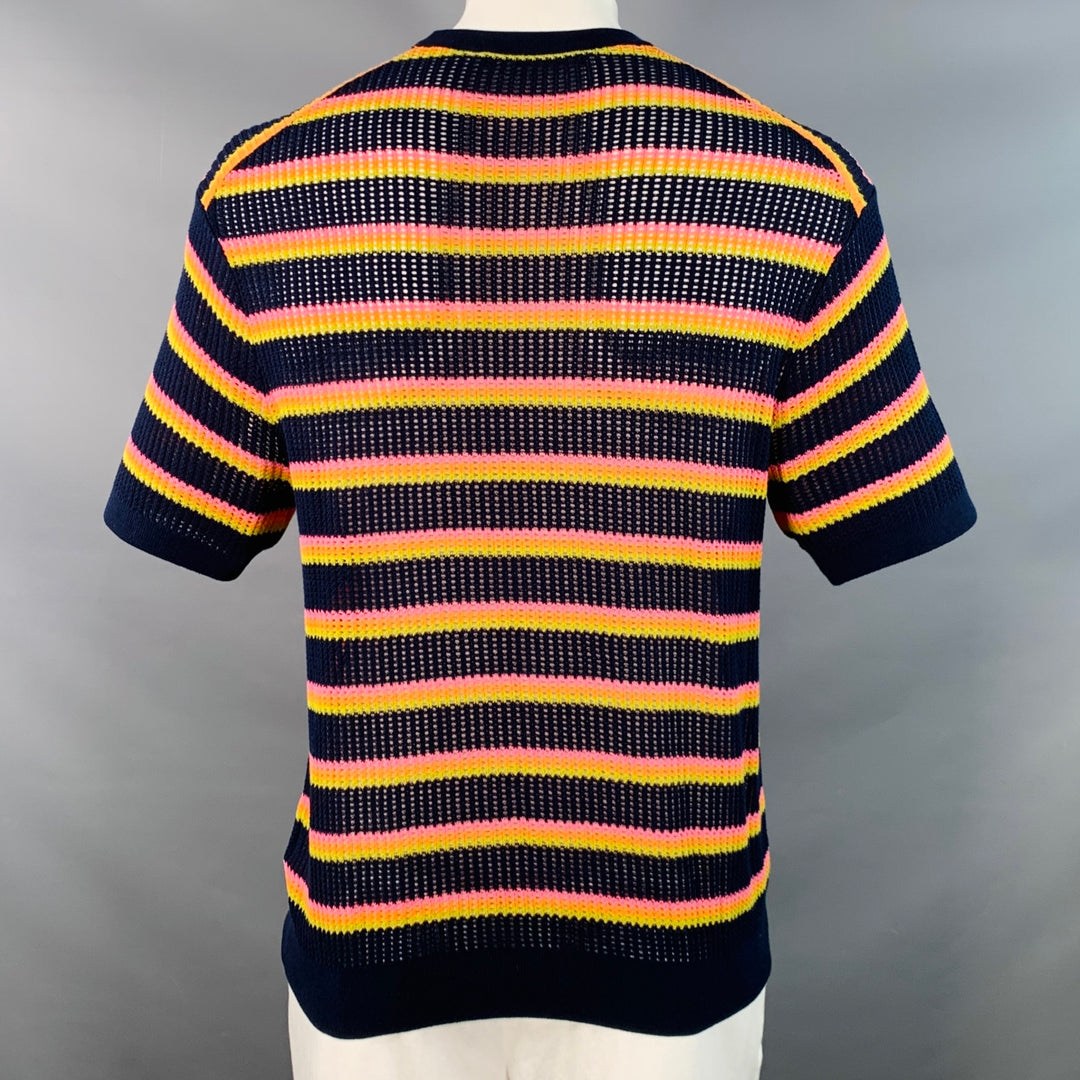 MR TURK Size XL Navy Multi Color Stripe Cotton Knit Mesh T-shirt